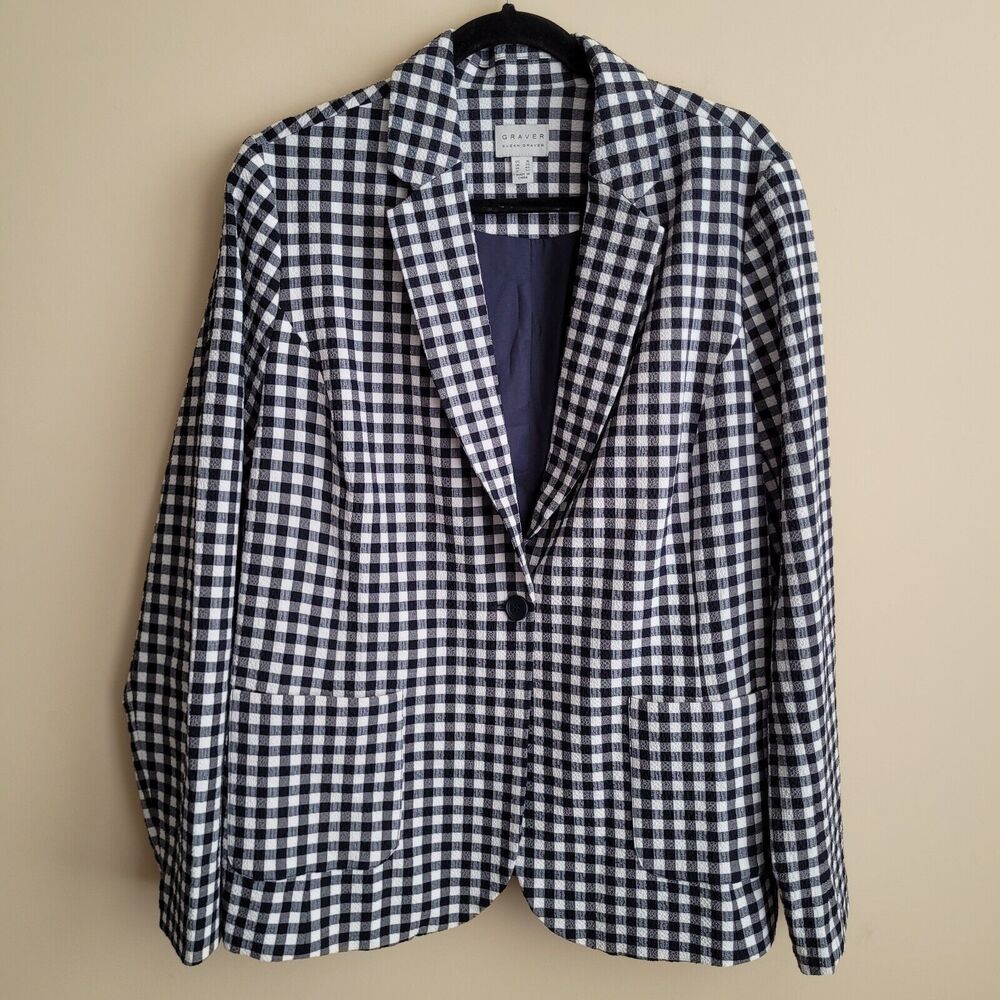 Susan Graver Womens Blazer Size 16 Navy and White Gingham Lined Pockets Preppy